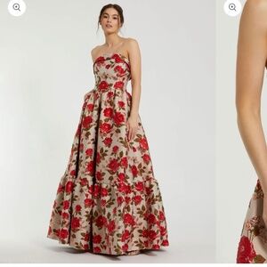 MAC DUGGAL Multicolor Brocade Strapless Floral Gown With Ruffle Hem
